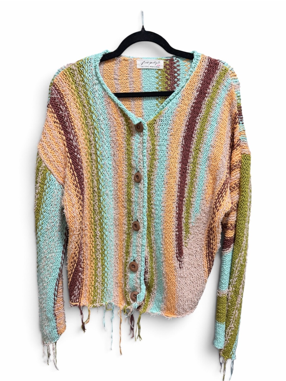 Free People Baja Striped Distressed Cardigan Sweater Boho Fringe Size XS/TP - Picture 3 of 4